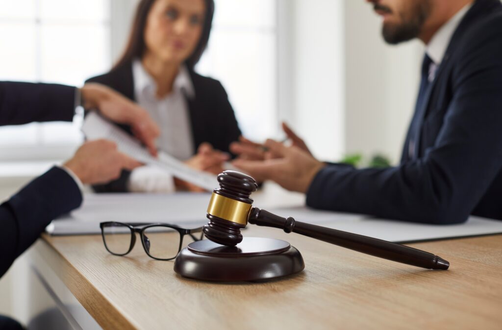 Close-up of wooden gavel on desk with blurred attorneys and client in background illustrating legal process for workplace injury and illness claims in Sherman Oaks California